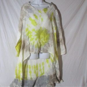 Belle France 100% linen Tie-Dye ruffle tunic top Yellow Gray L boho Lagenlook